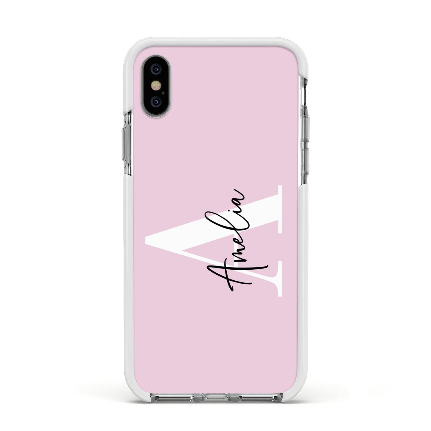 Pink Personalised Initial Name Apple iPhone Xs Impact Case White Edge on Silver Phone