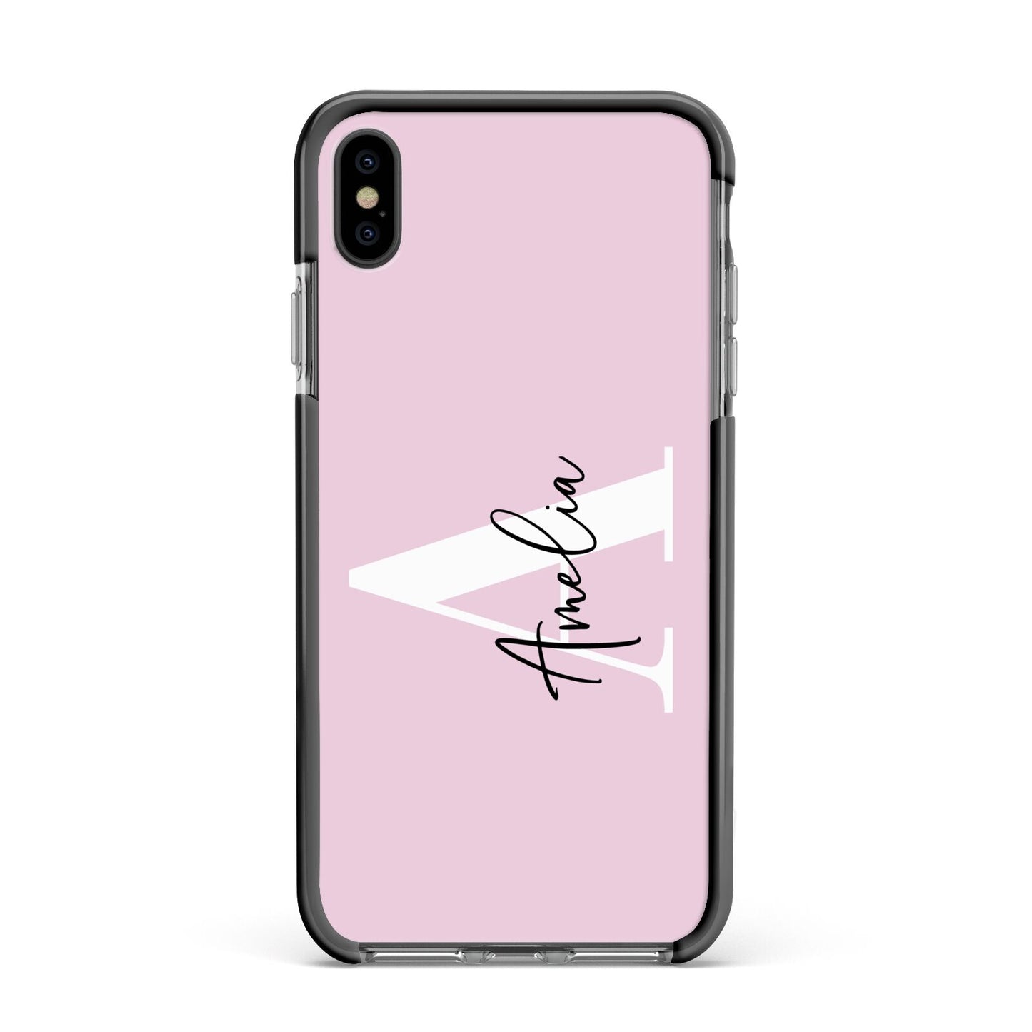 Pink Personalised Initial Name Apple iPhone Xs Max Impact Case Black Edge on Black Phone