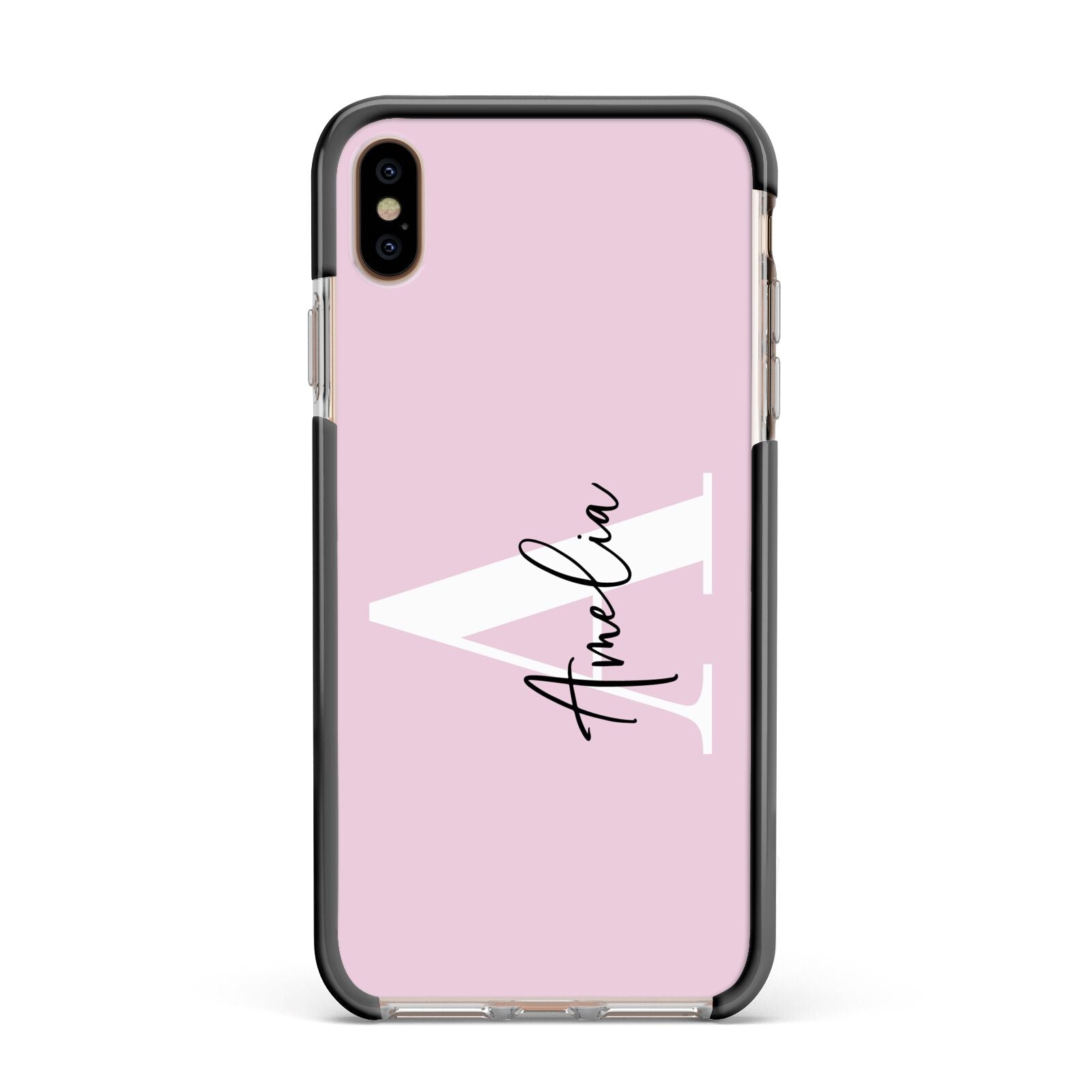 Pink Personalised Initial Name Apple iPhone Xs Max Impact Case Black Edge on Gold Phone