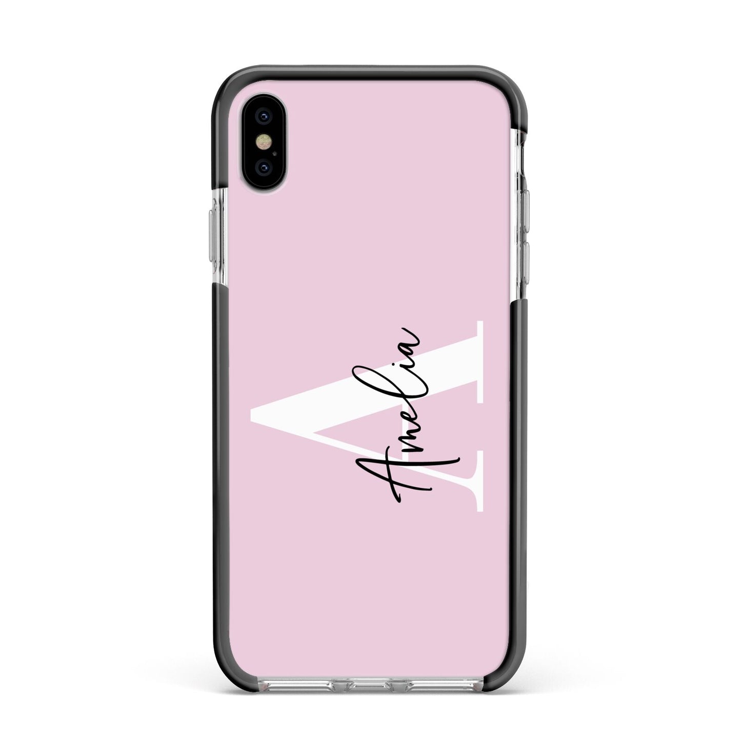 Pink Personalised Initial Name Apple iPhone Xs Max Impact Case Black Edge on Silver Phone