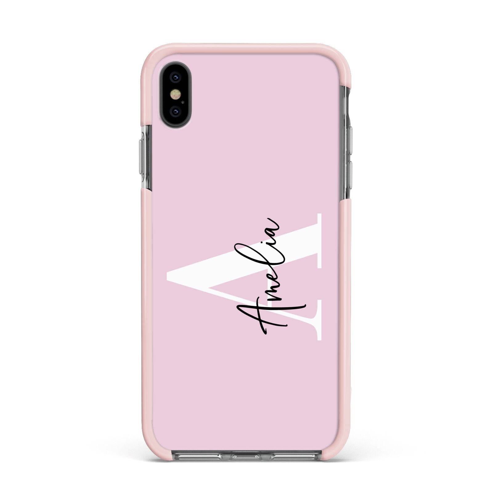 Pink Personalised Initial Name Apple iPhone Xs Max Impact Case Pink Edge on Black Phone