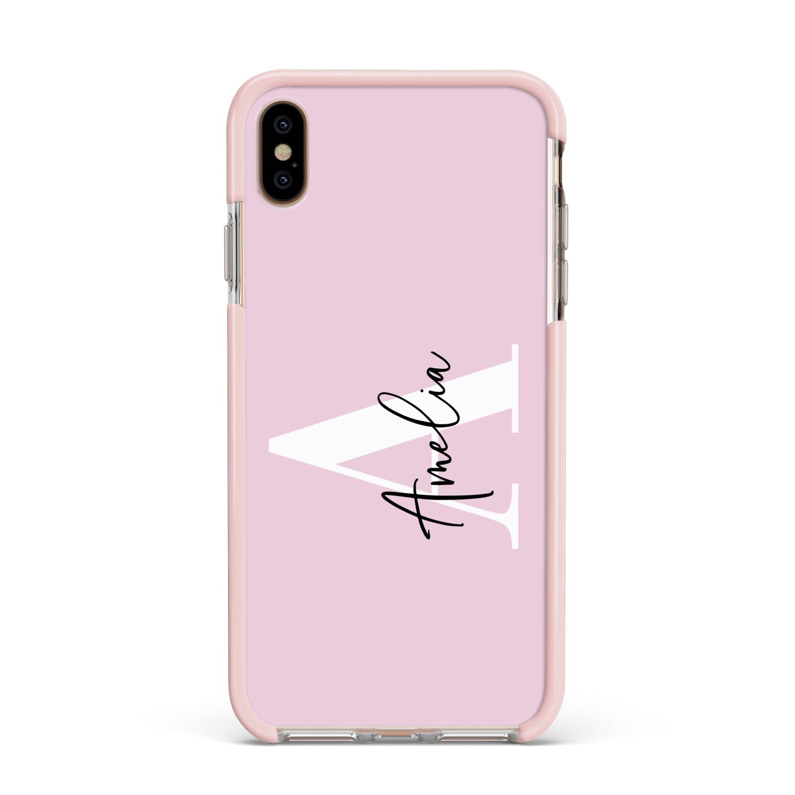 Pink Personalised Initial Name Apple iPhone Xs Max Impact Case Pink Edge on Gold Phone