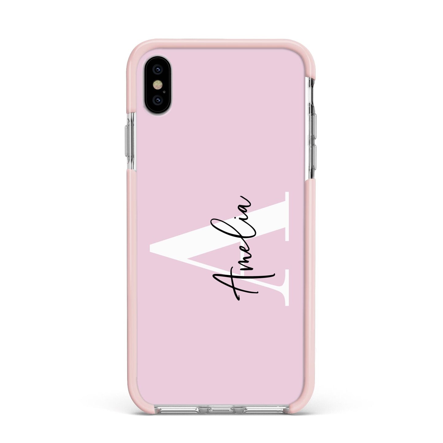 Pink Personalised Initial Name Apple iPhone Xs Max Impact Case Pink Edge on Silver Phone