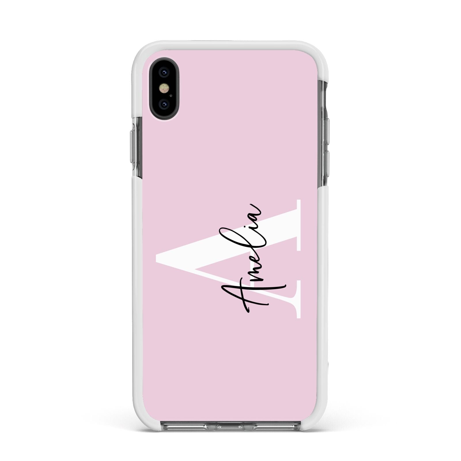 Pink Personalised Initial Name Apple iPhone Xs Max Impact Case White Edge on Black Phone