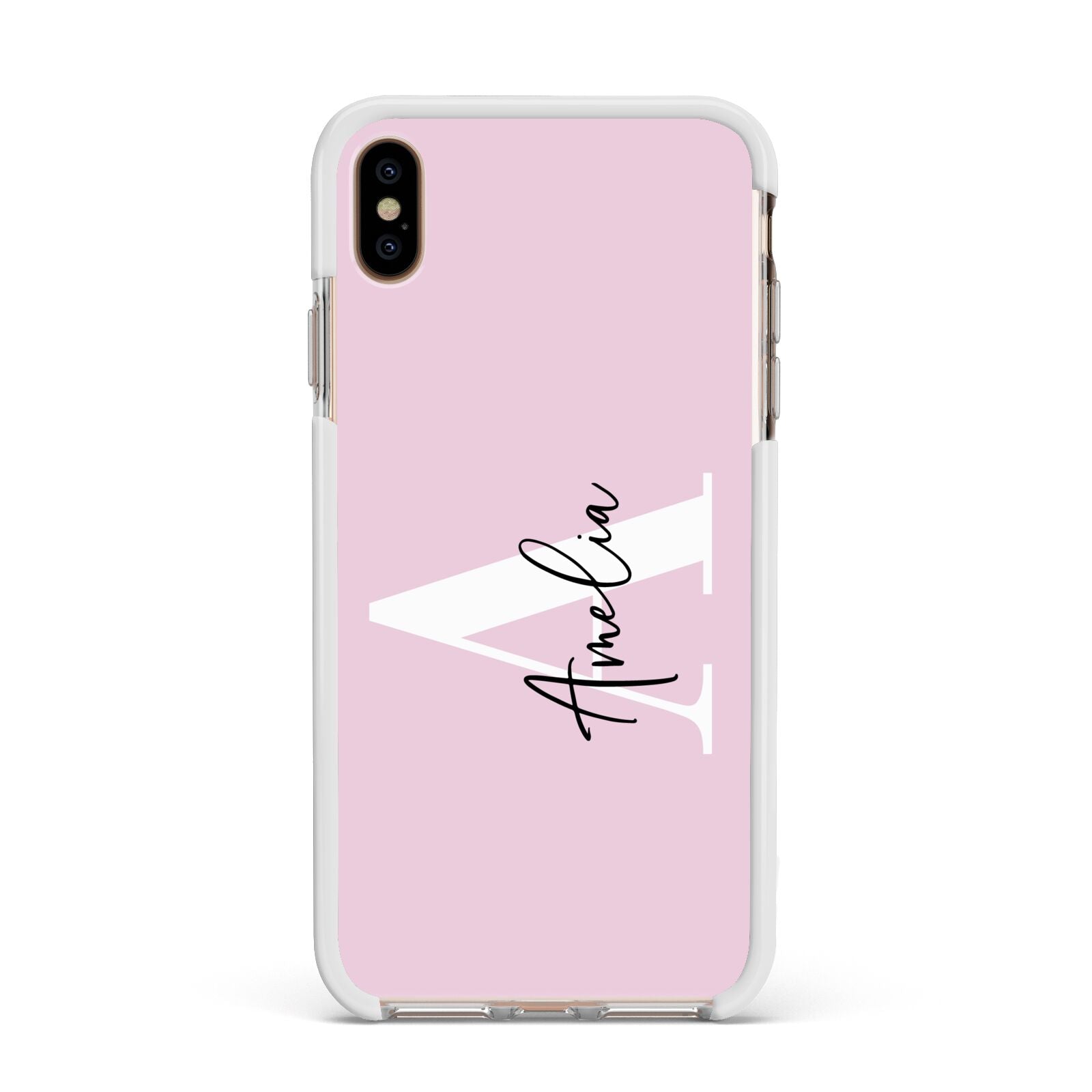 Pink Personalised Initial Name Apple iPhone Xs Max Impact Case White Edge on Gold Phone