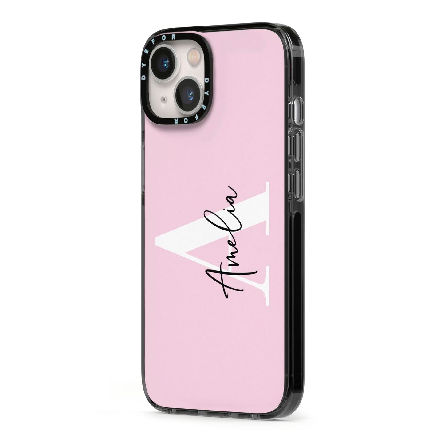 Pink Personalised Initial Name iPhone 13 Black Impact Case Side Angle on Silver phone