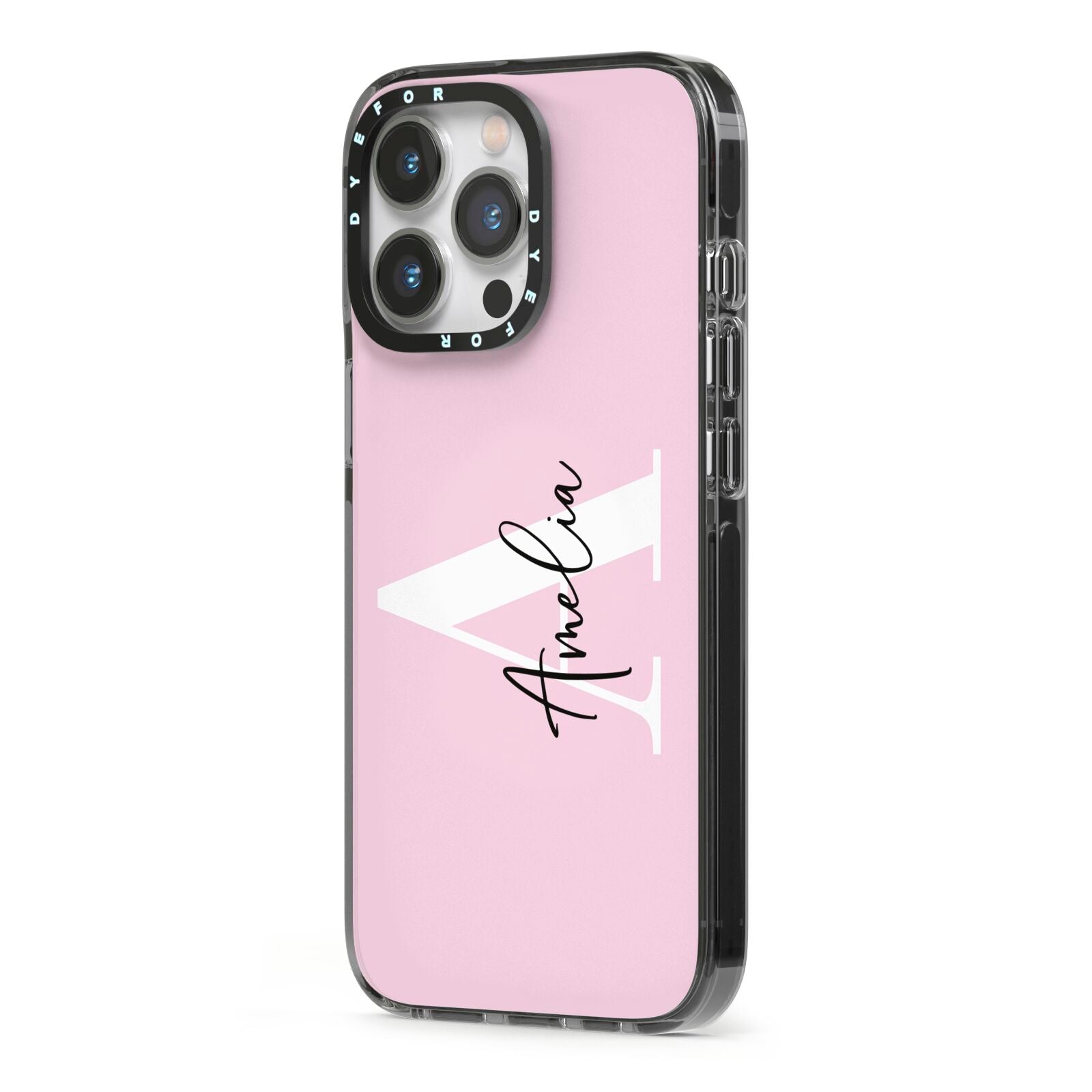 Pink Personalised Initial Name iPhone 13 Pro Black Impact Case Side Angle on Silver phone