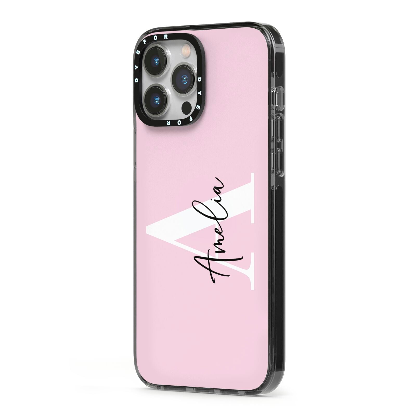 Pink Personalised Initial Name iPhone 13 Pro Max Black Impact Case Side Angle on Silver phone