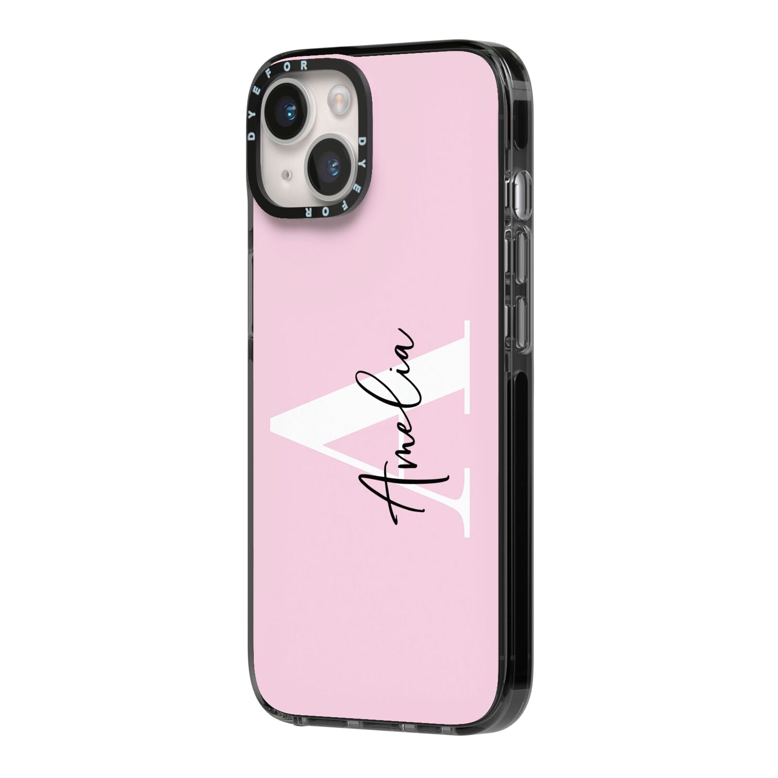 Pink Personalised Initial Name iPhone 14 Black Impact Case Side Angle on Silver phone