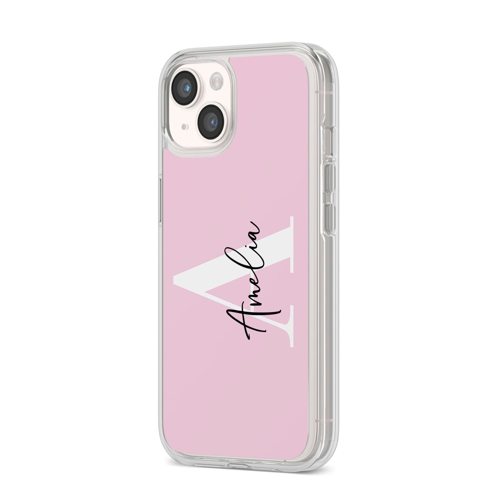 Pink Personalised Initial Name iPhone 14 Clear Tough Case Starlight Angled Image