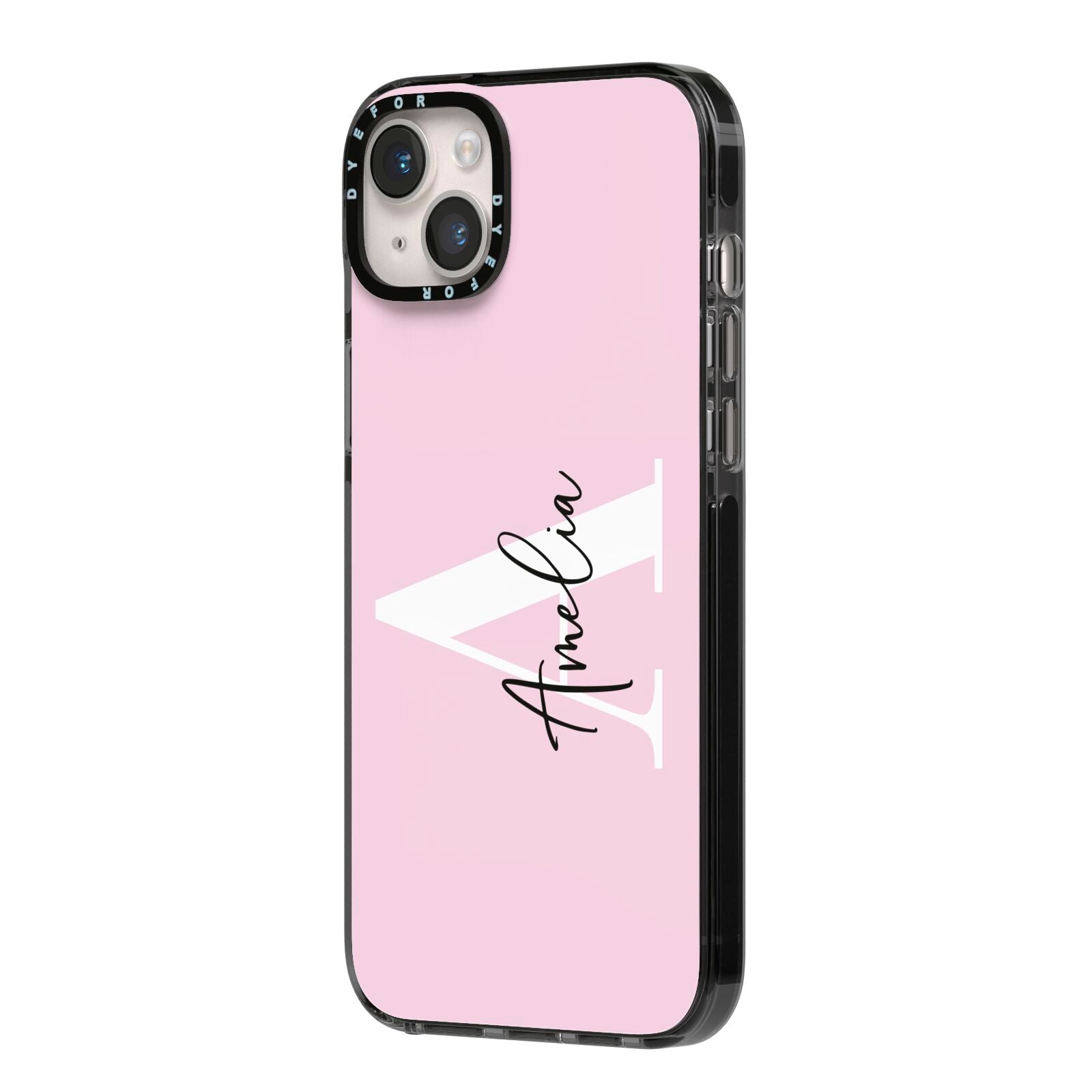 Pink Personalised Initial Name iPhone 14 Plus Black Impact Case Side Angle on Silver phone