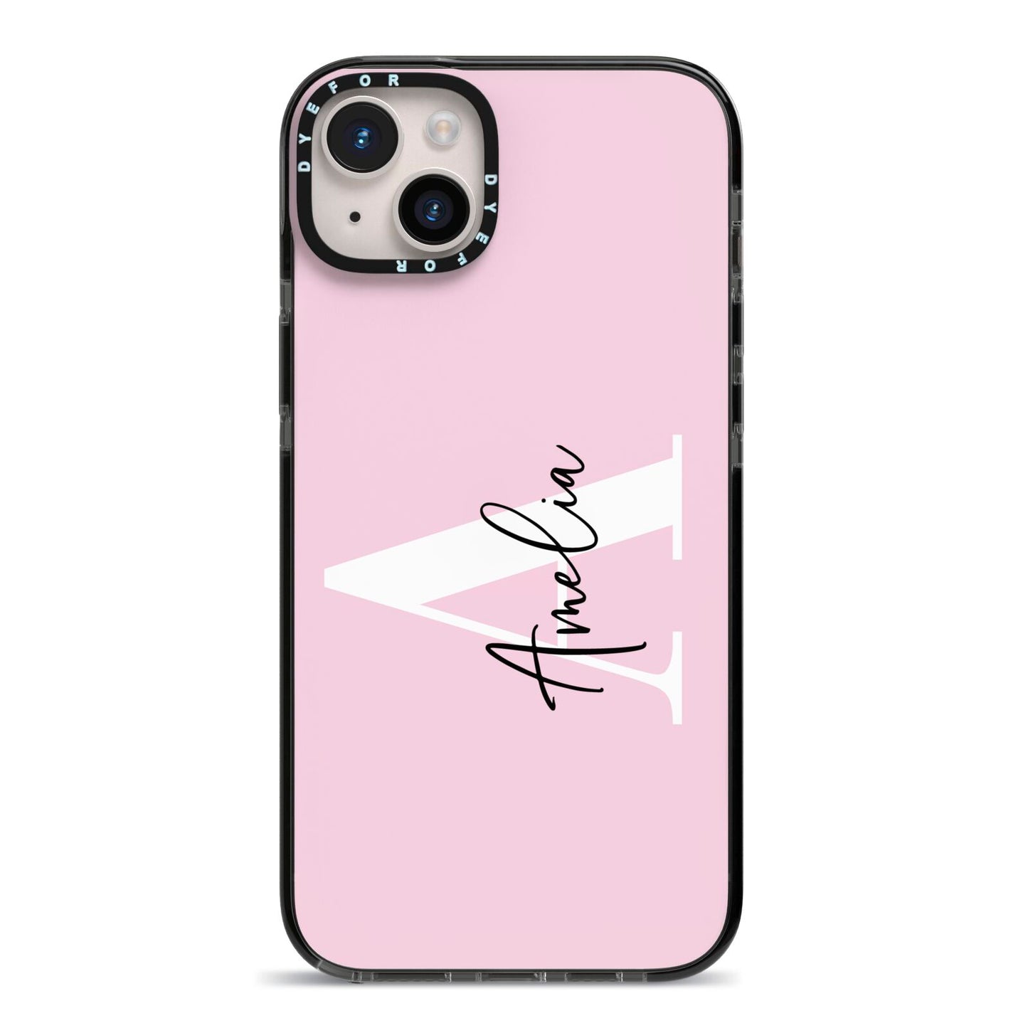 Pink Personalised Initial Name iPhone 14 Plus Black Impact Case on Silver phone