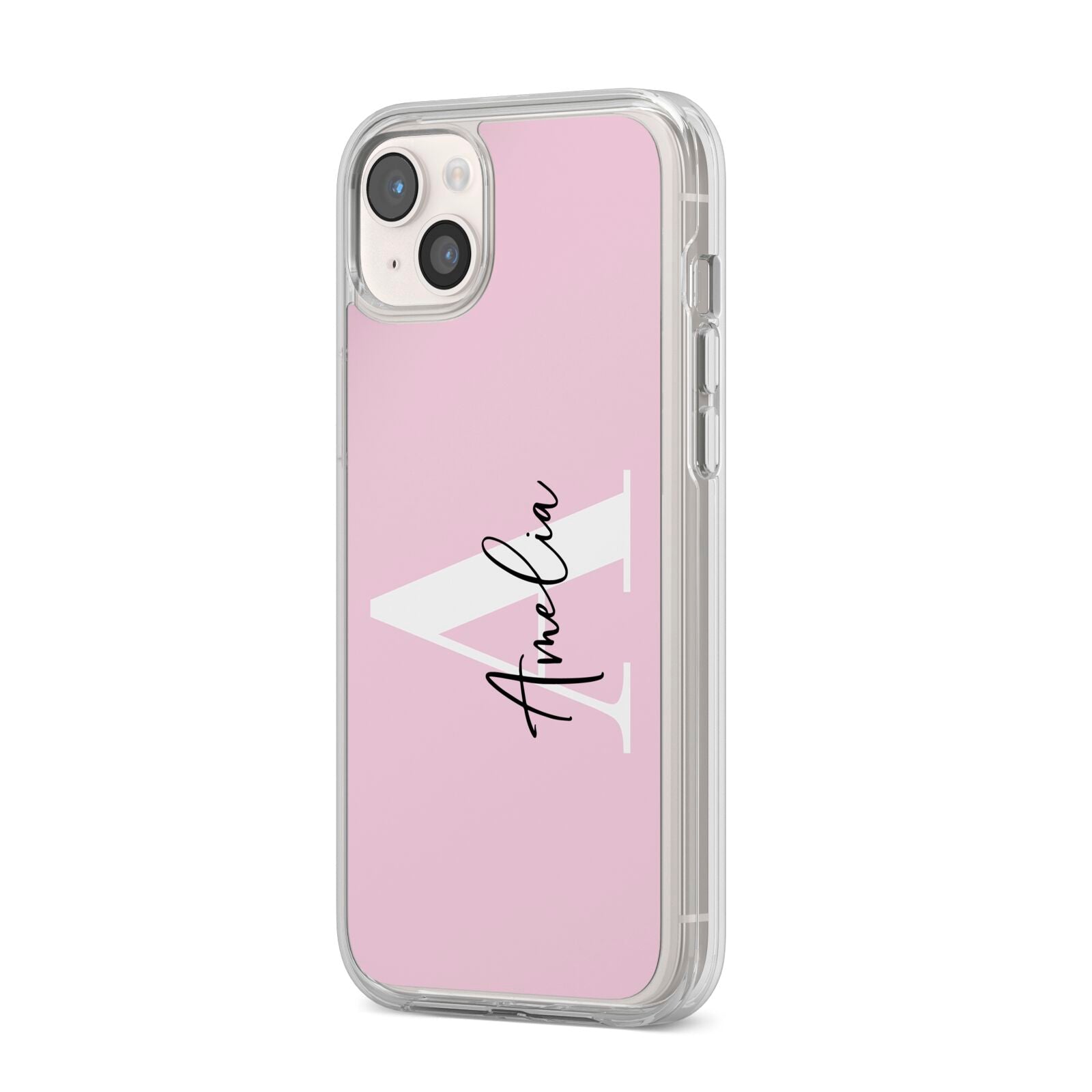 Pink Personalised Initial Name iPhone 14 Plus Clear Tough Case Starlight Angled Image