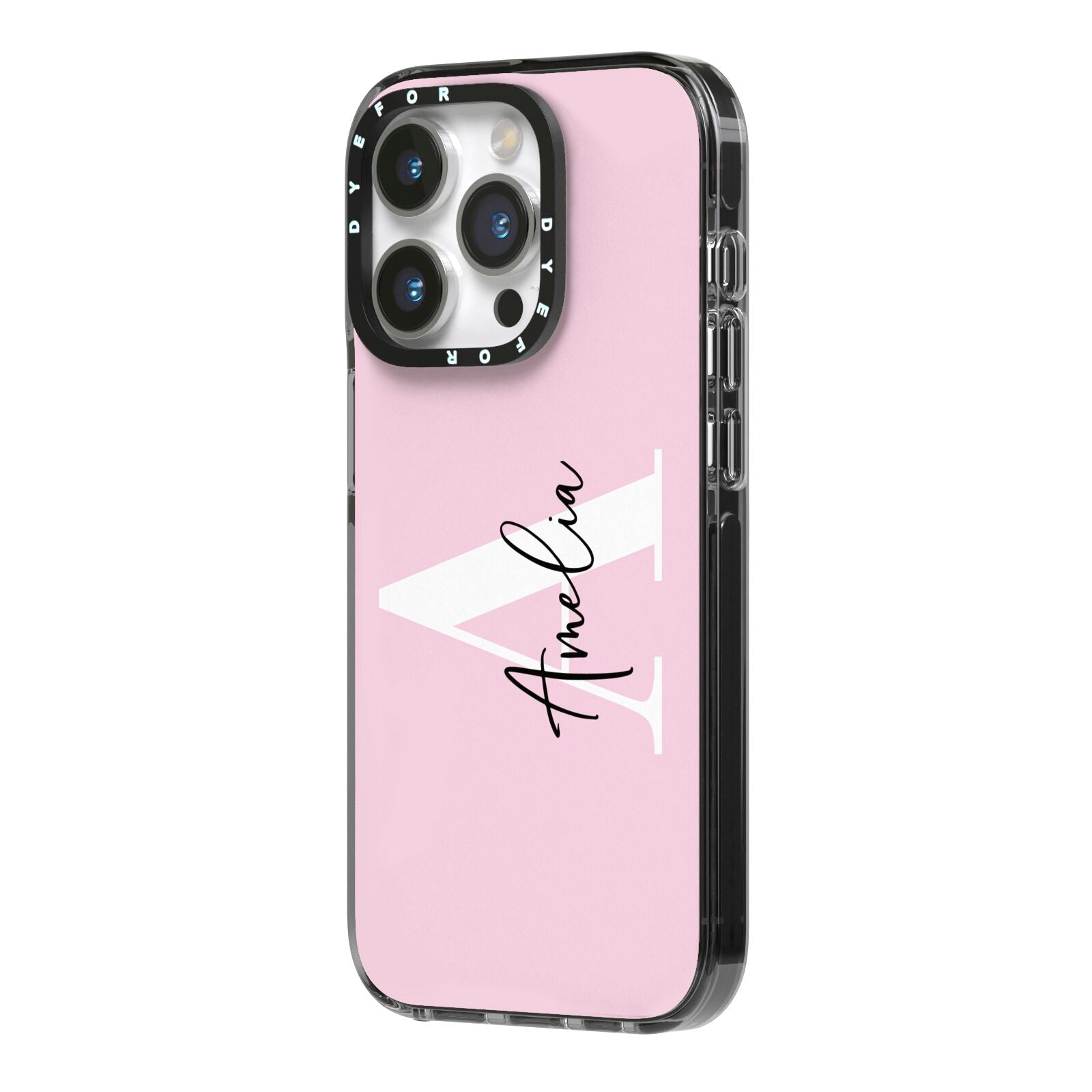 Pink Personalised Initial Name iPhone 14 Pro Black Impact Case Side Angle on Silver phone