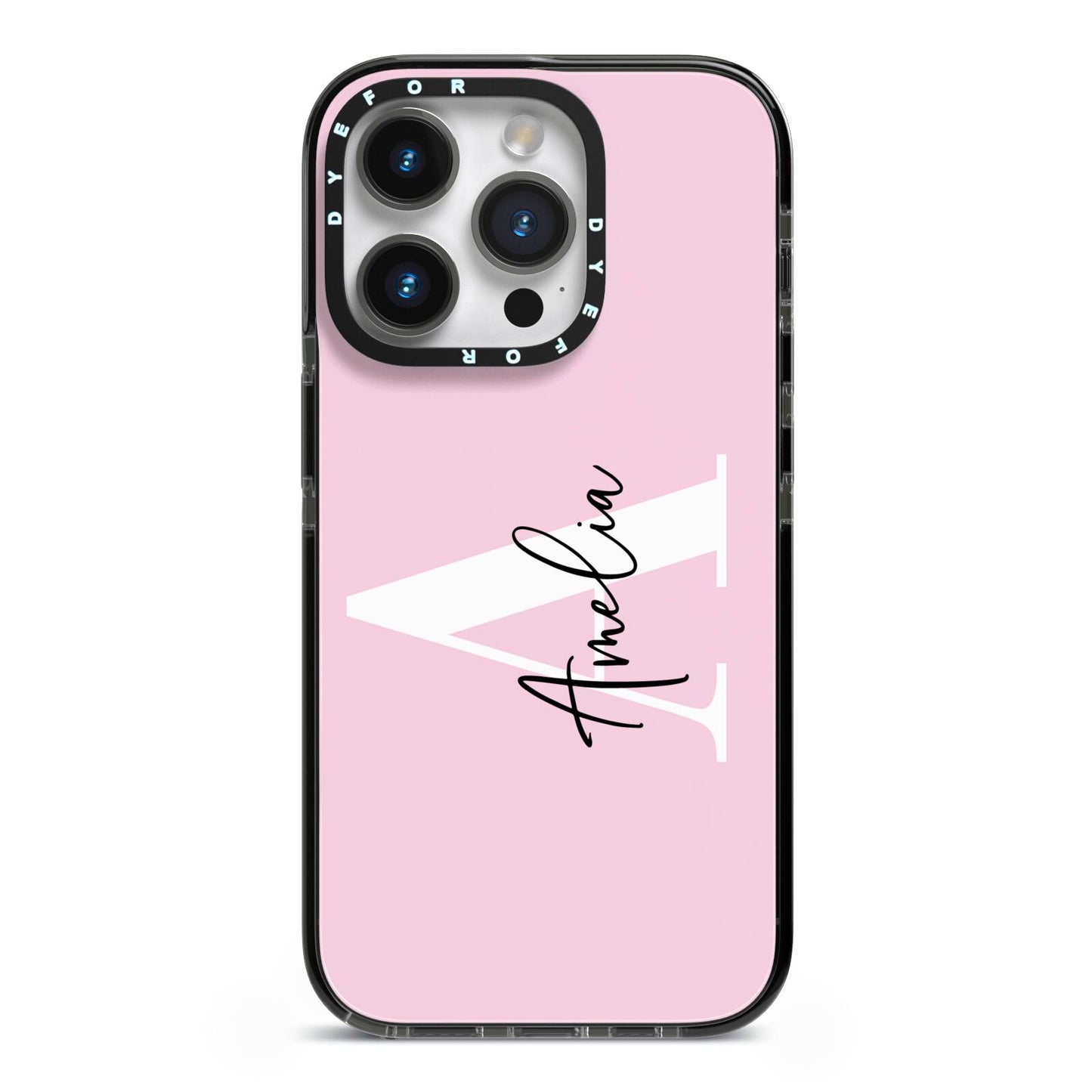 Pink Personalised Initial Name iPhone 14 Pro Black Impact Case on Silver phone