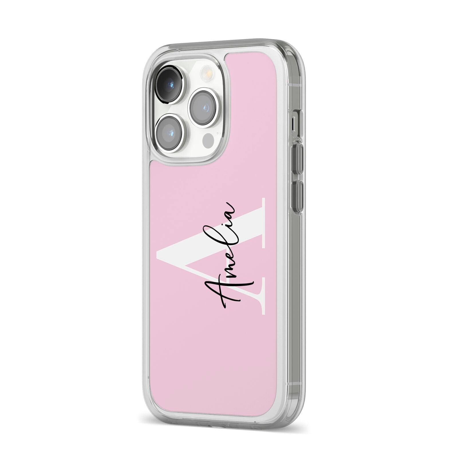 Pink Personalised Initial Name iPhone 14 Pro Clear Tough Case Silver Angled Image