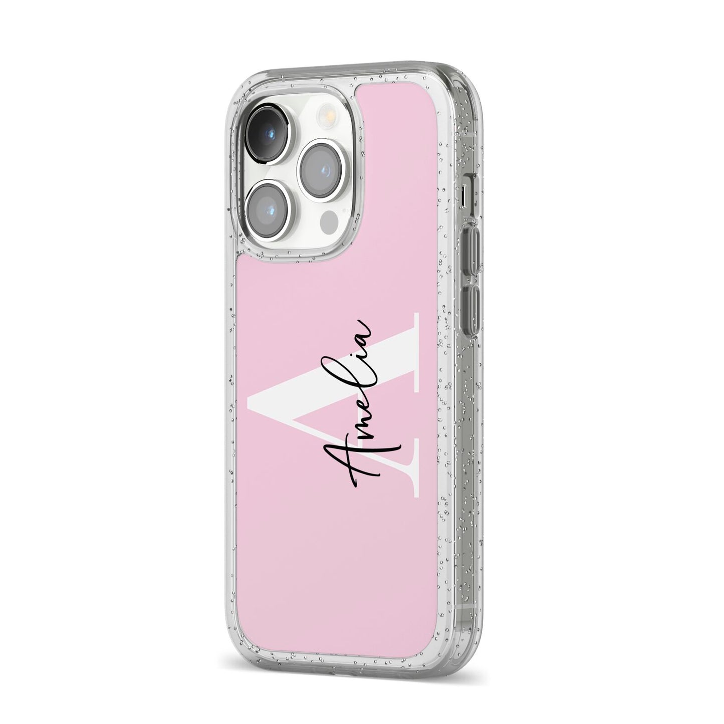 Pink Personalised Initial Name iPhone 14 Pro Glitter Tough Case Silver Angled Image