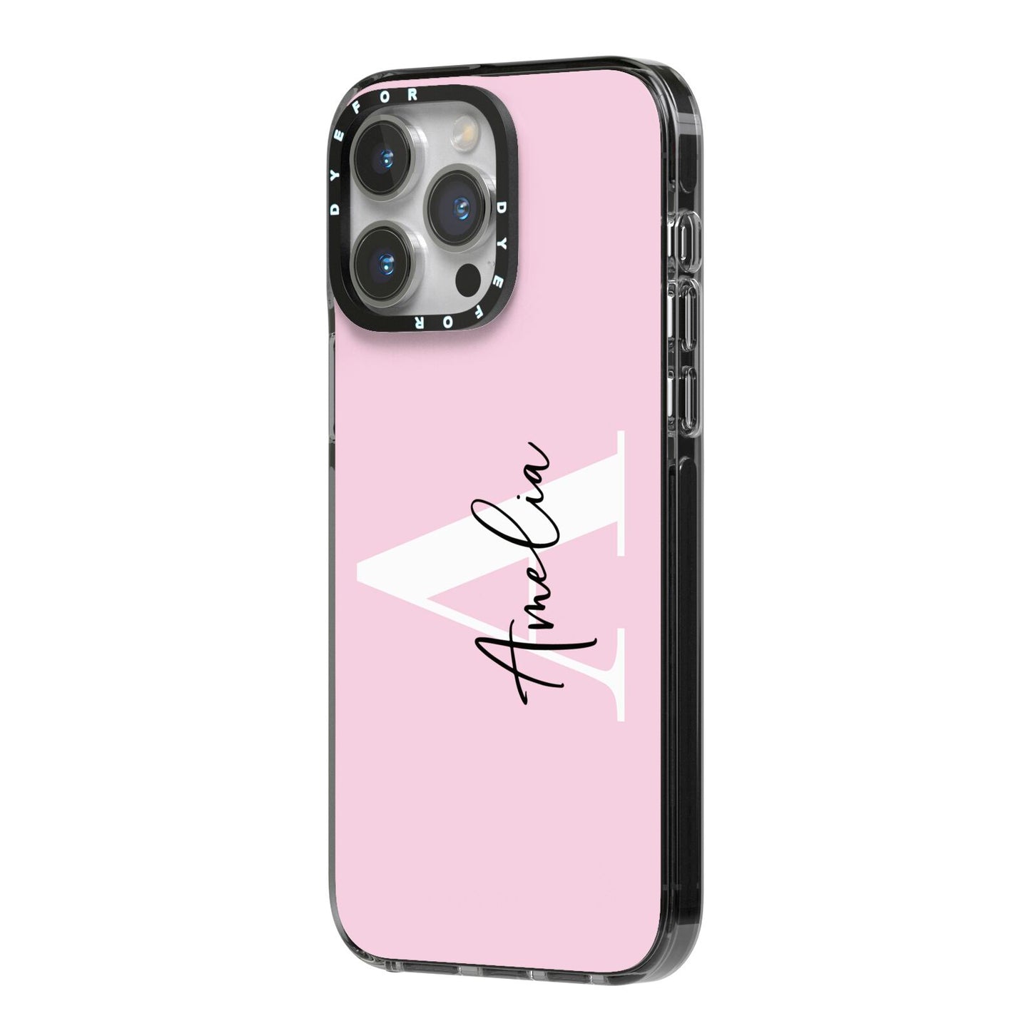 Pink Personalised Initial Name iPhone 14 Pro Max Black Impact Case Side Angle on Silver phone