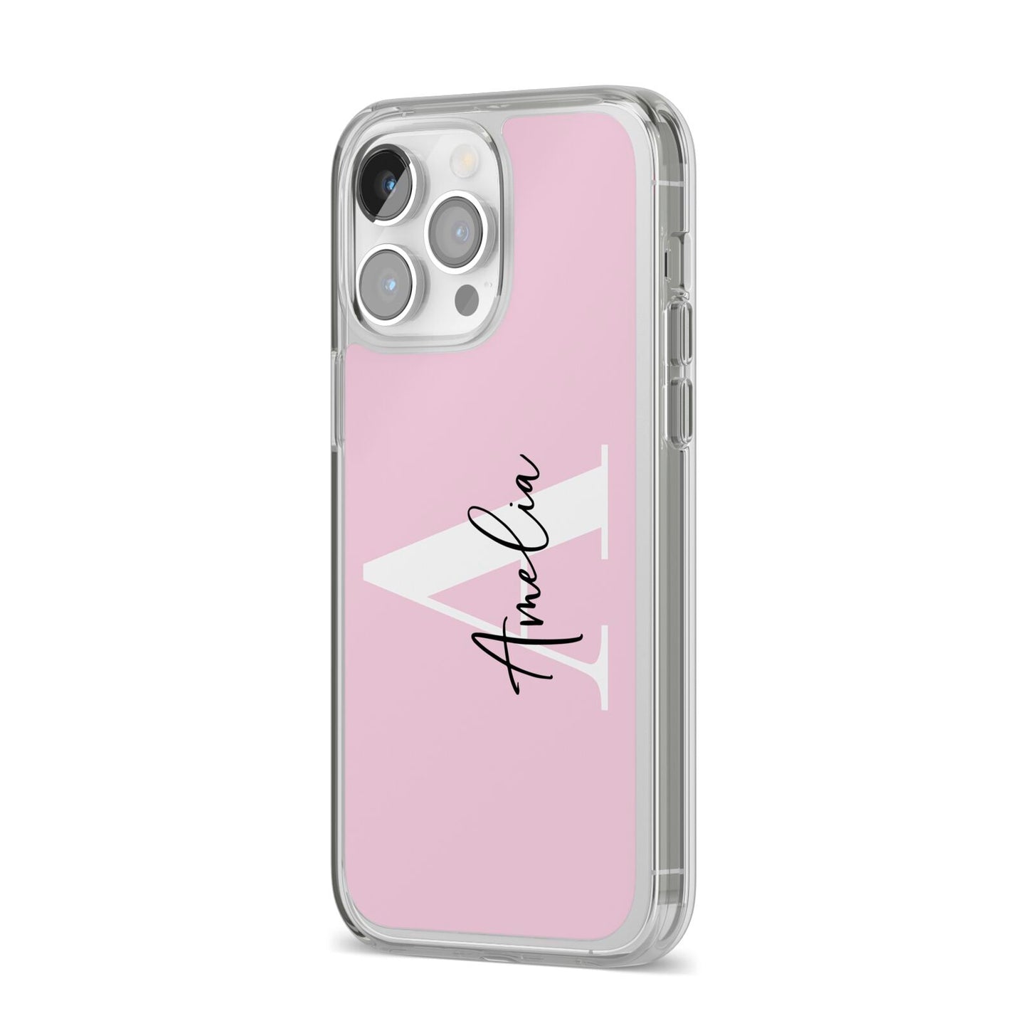 Pink Personalised Initial Name iPhone 14 Pro Max Clear Tough Case Silver Angled Image