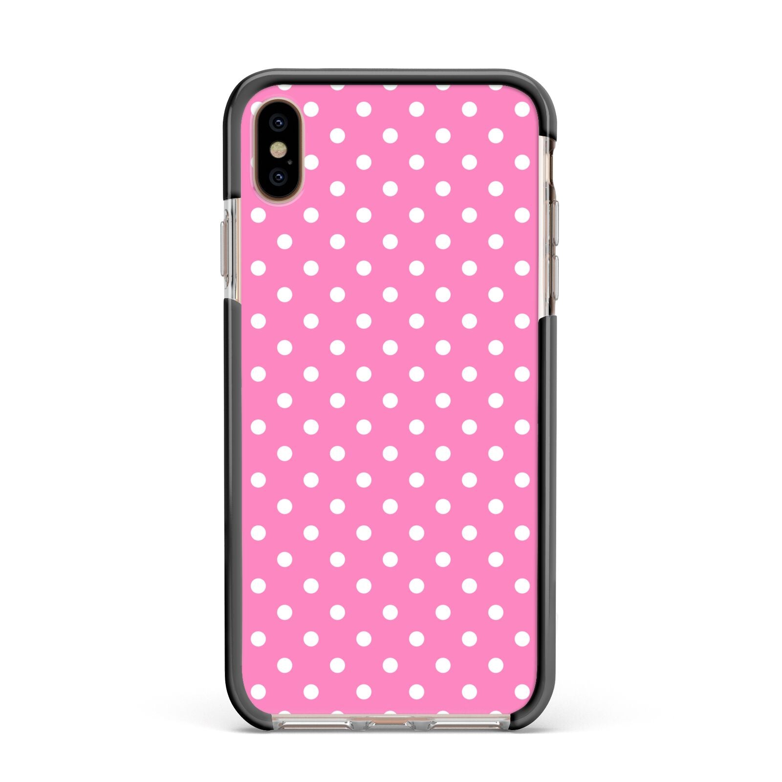 Pink Polka Dot Apple iPhone Xs Max Impact Case Black Edge on Gold Phone