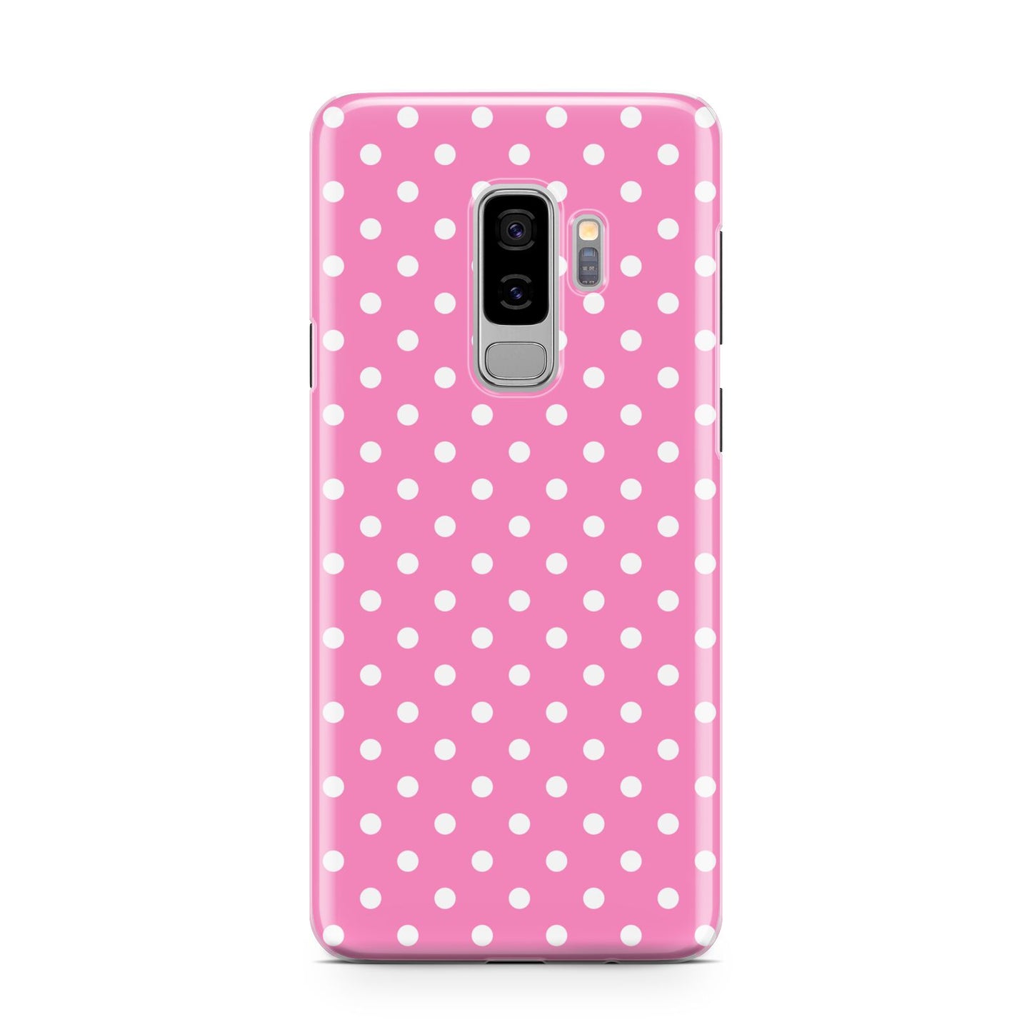 Pink Polka Dot Samsung Galaxy S9 Plus Case on Silver phone