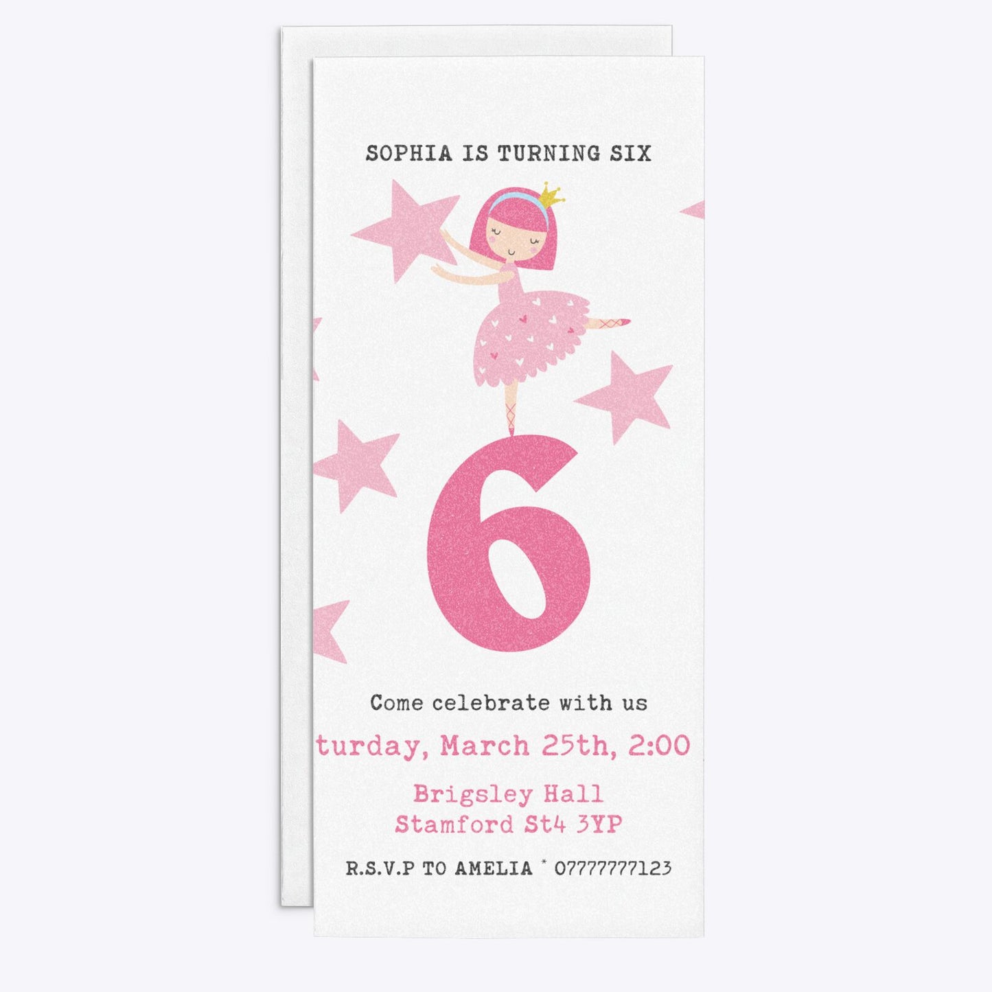 Pink Princess Personalised Birthday 4x9 Rectangle Invitation Glitter Front and Back Image