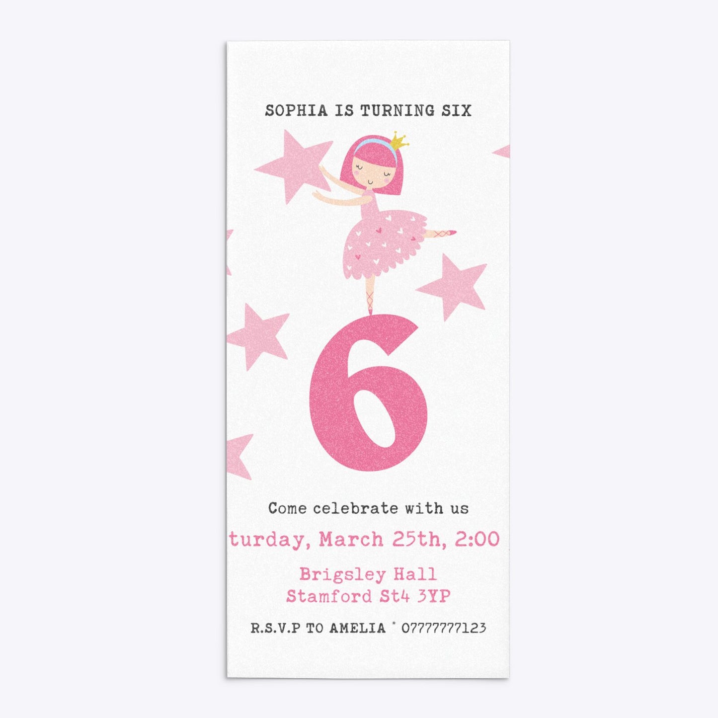 Pink Princess Personalised Birthday 4x9 Rectangle Invitation Glitter