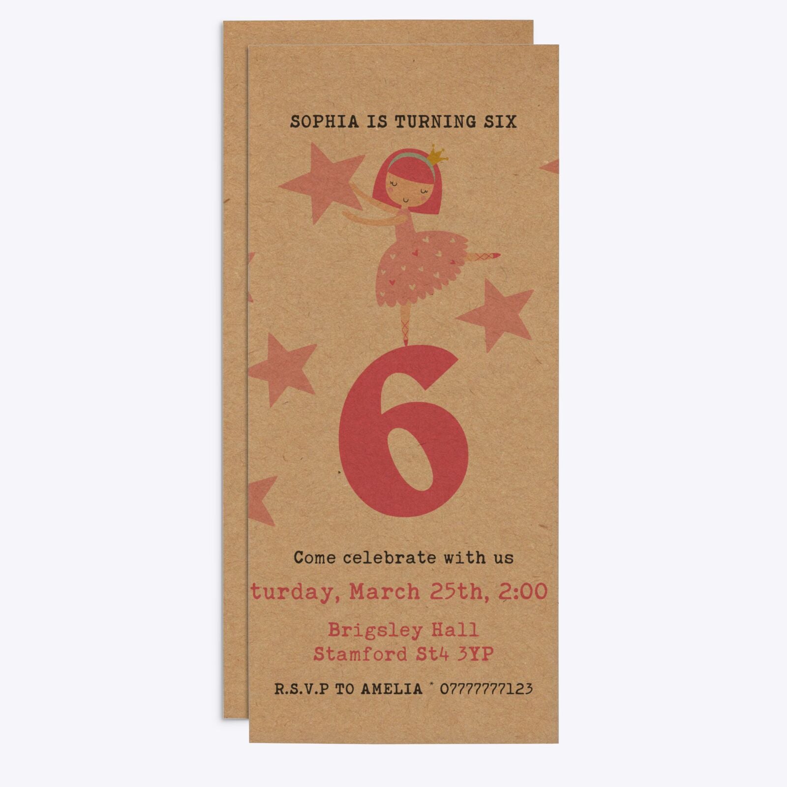 Pink Princess Personalised Birthday 4x9 Rectangle Invitation Kraft Front and Back Image