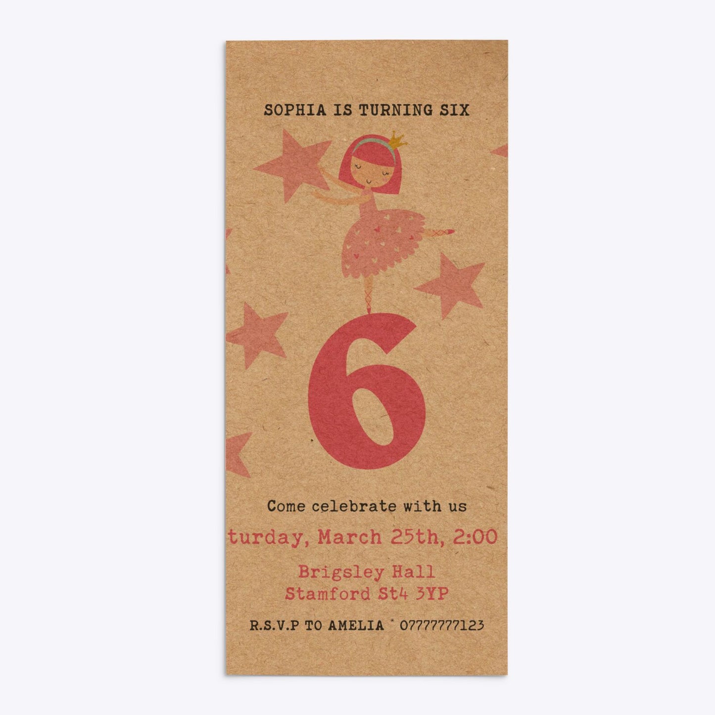 Pink Princess Personalised Birthday 4x9 Rectangle Invitation Kraft