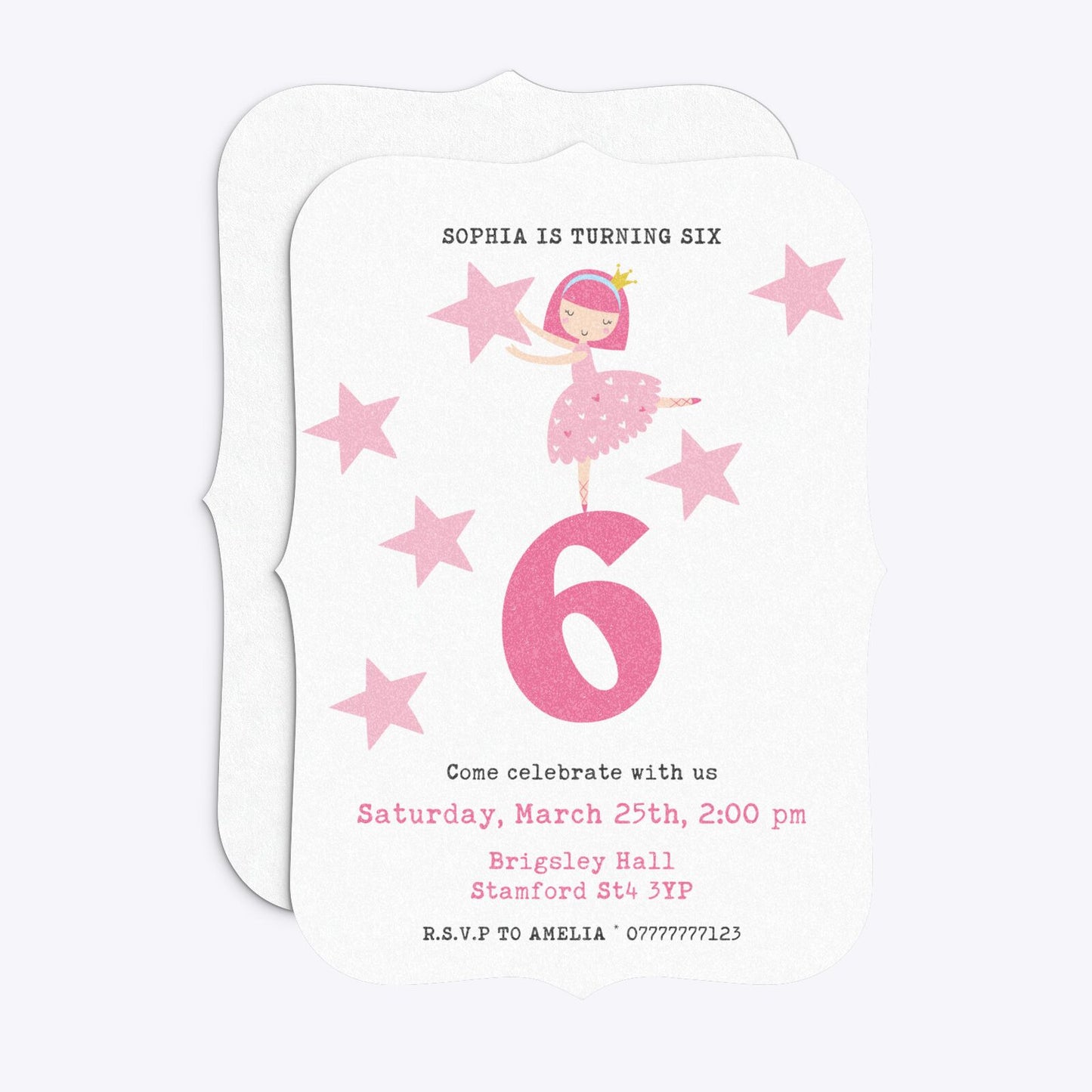 Pink Princess Personalised Birthday Bracket Invitation Glitter Front and Back Image