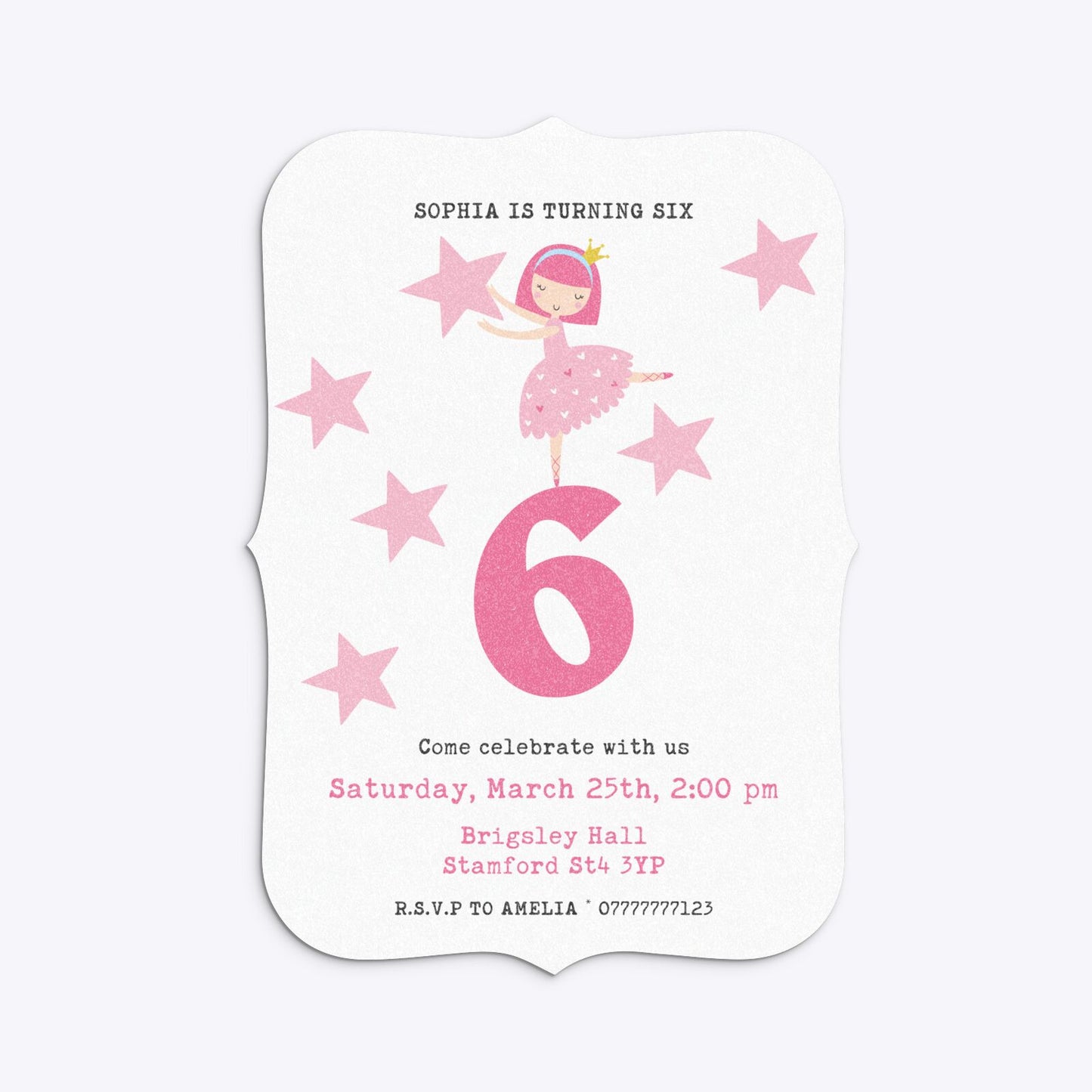 Pink Princess Personalised Birthday Bracket Invitation Glitter