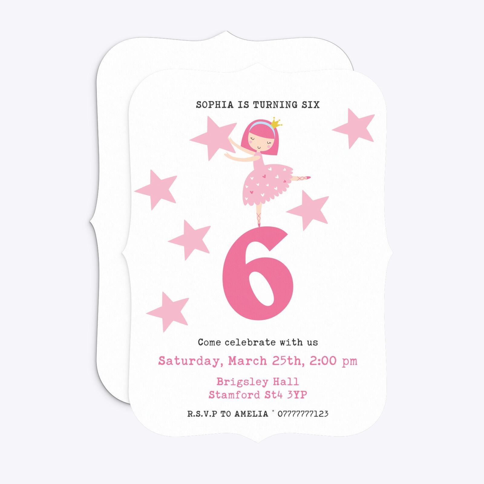 Pink Princess Personalised Birthday Bracket Invitation Matte Paper Front and Back Image