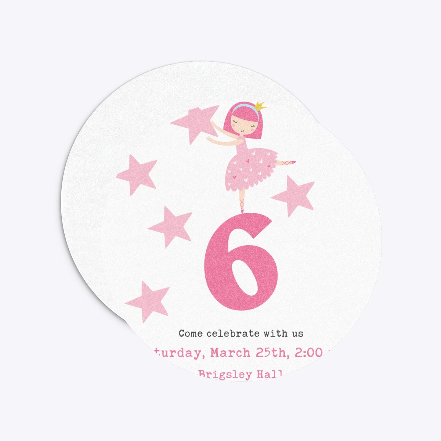 Pink Princess Personalised Birthday Circle 5 25x5 25 Invitation Glitter Front and Back Image