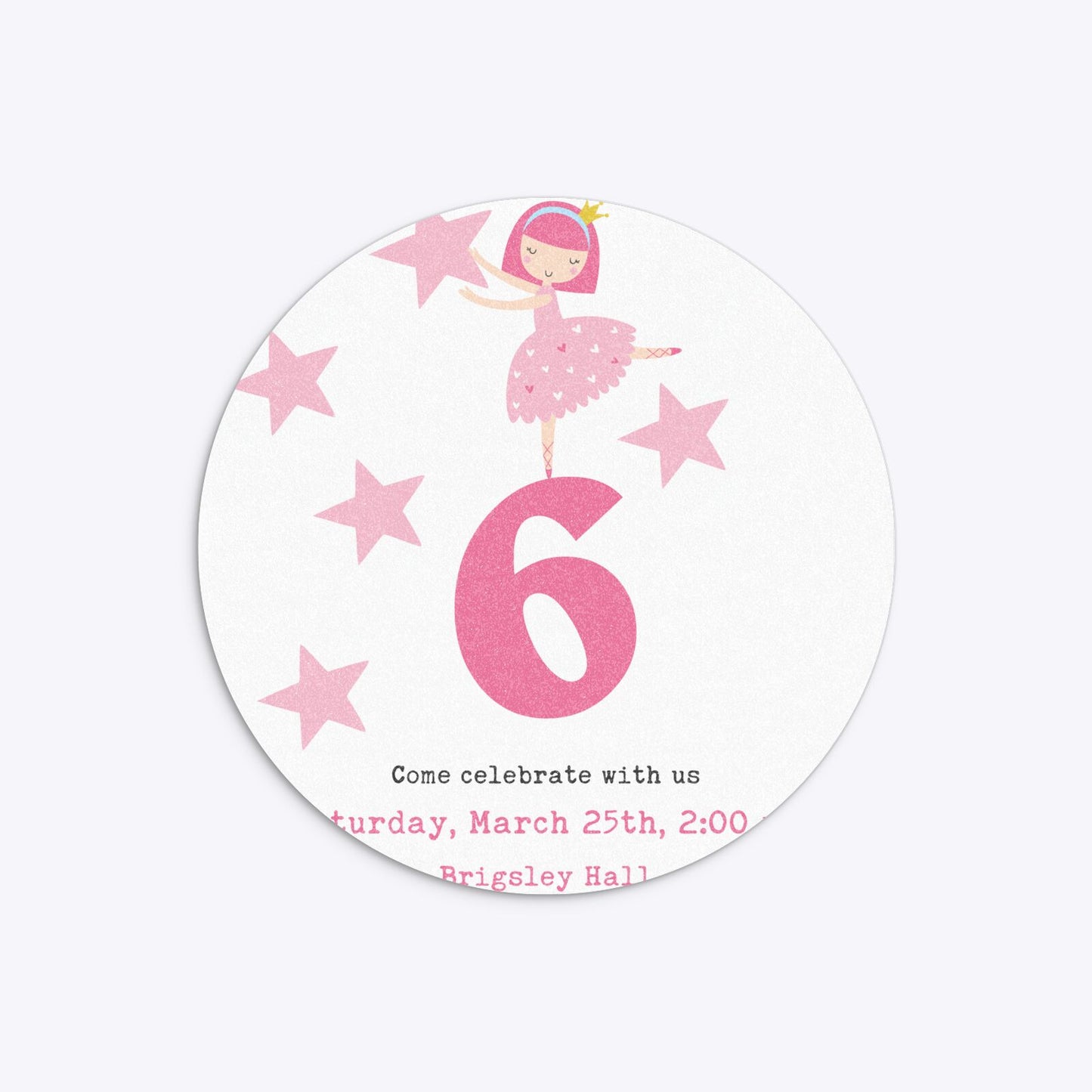 Pink Princess Personalised Birthday Circle 5 25x5 25 Invitation Glitter