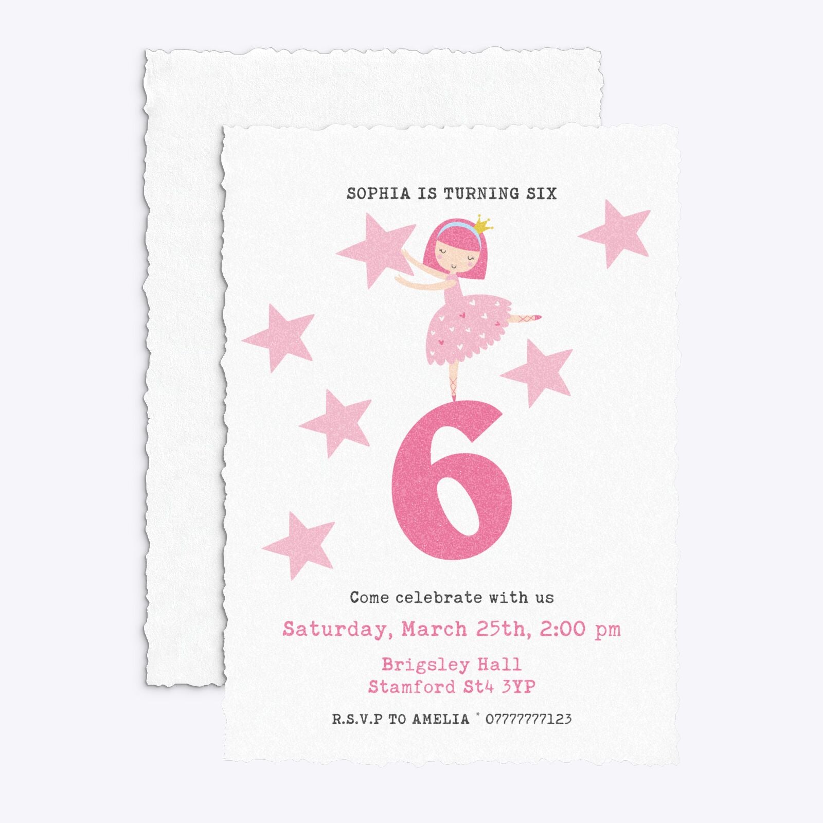 Pink Princess Personalised Birthday Deckle Invitation Glitter Front and Back Image