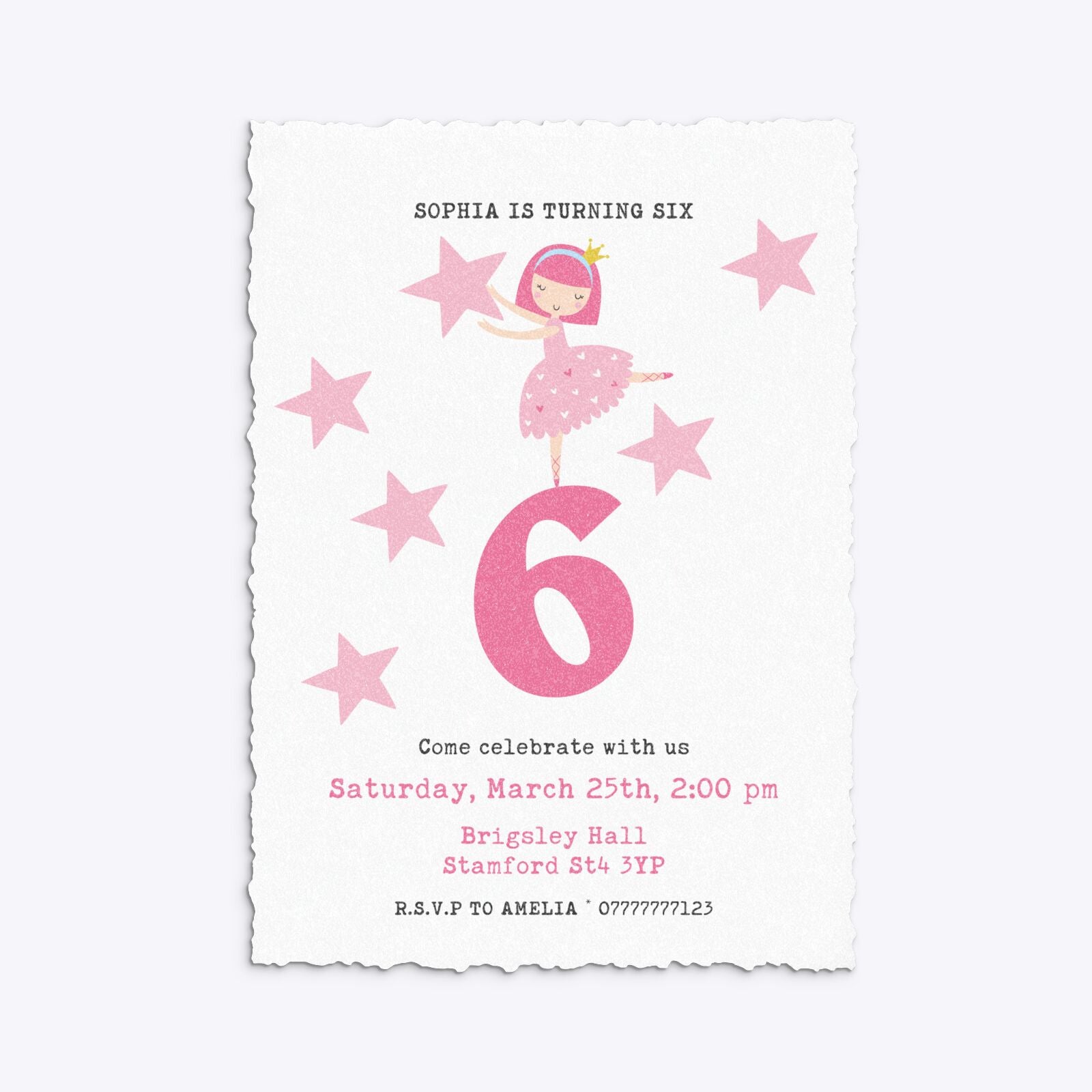 Pink Princess Personalised Birthday Deckle Invitation Glitter