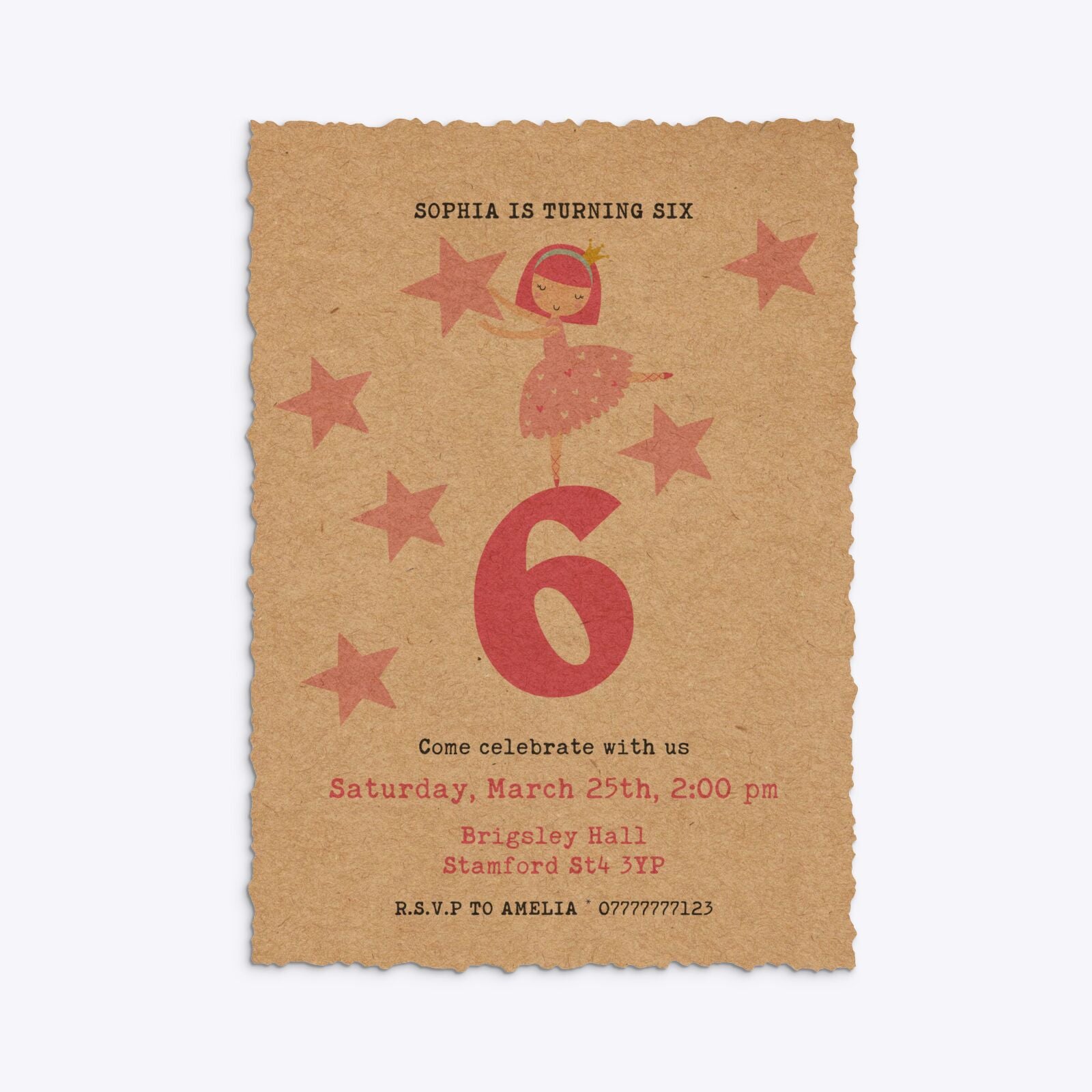 Pink Princess Personalised Birthday Deckle Invitation Kraft