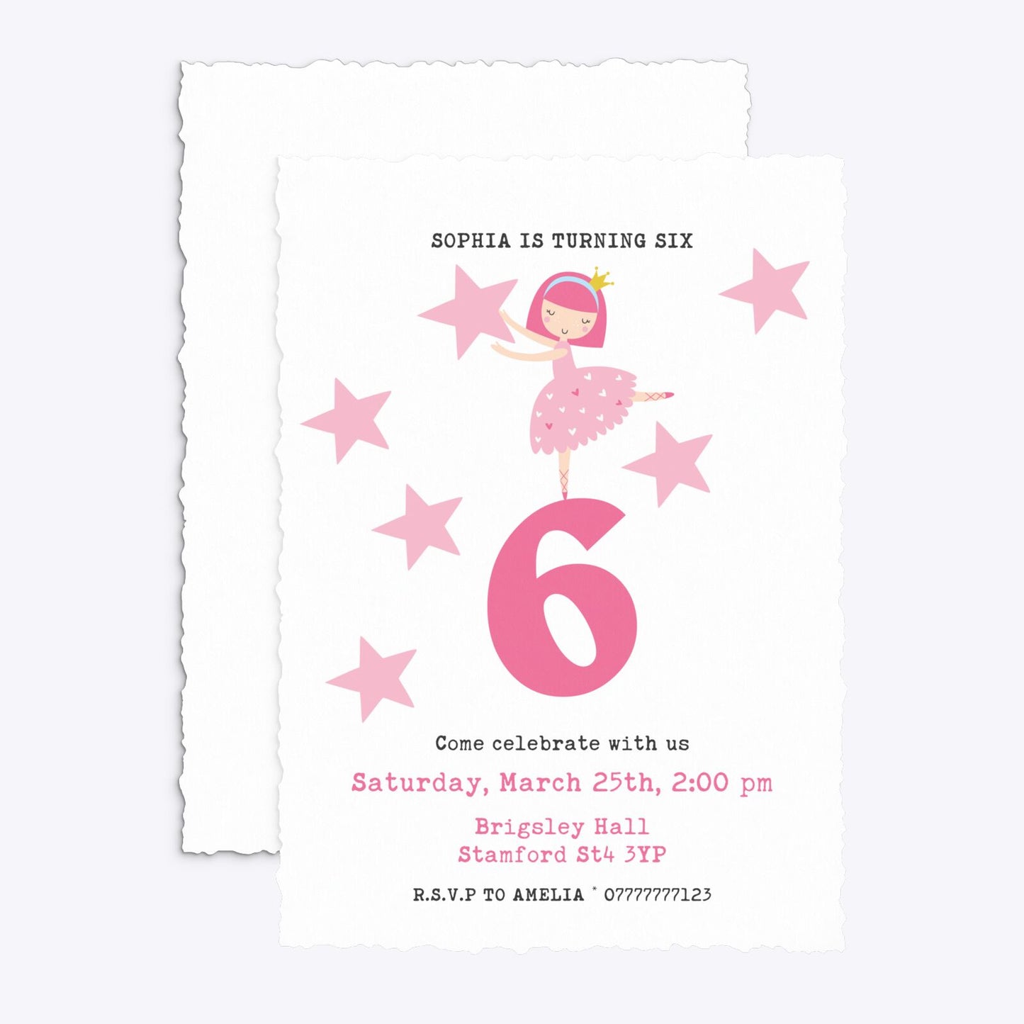 Pink Princess Personalised Birthday Deckle Invitation Matte Paper Front and Back Image