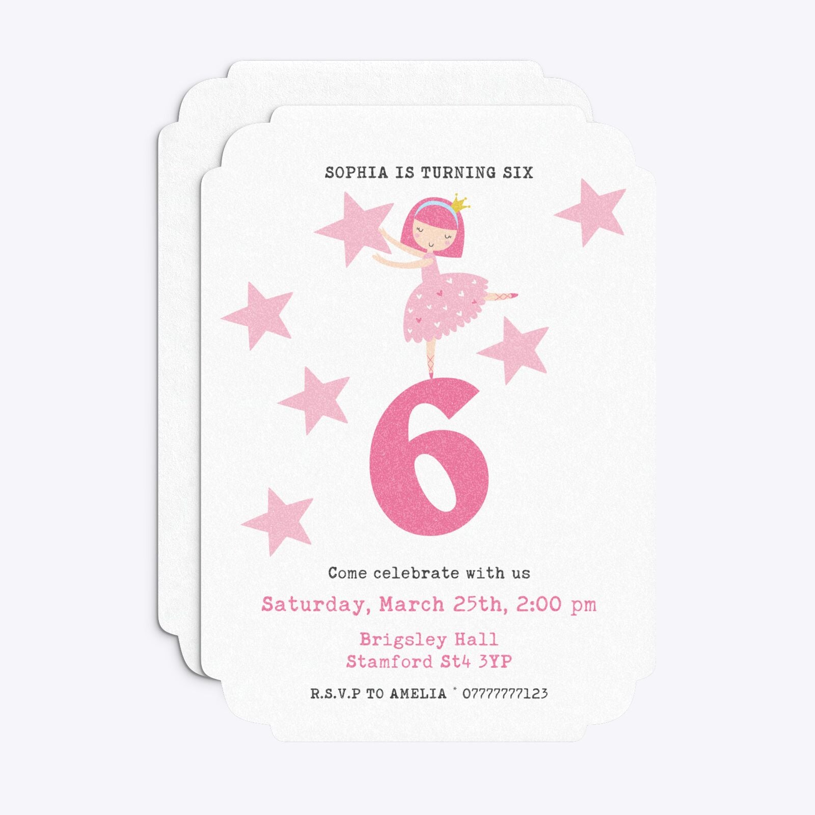 Pink Princess Personalised Birthday Deco Invitation Glitter Front and Back Image