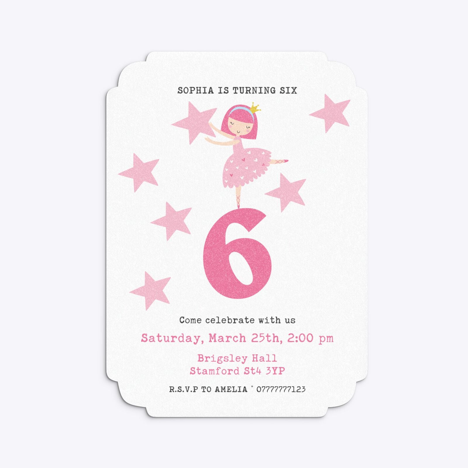 Pink Princess Personalised Birthday Deco Invitation Glitter