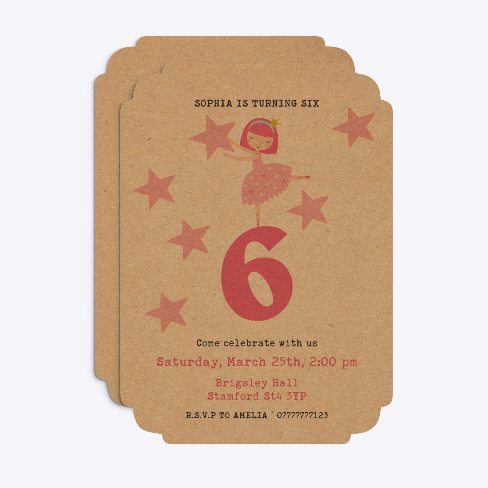 Pink Princess Personalised Birthday Deco Invitation Kraft Front and Back Image