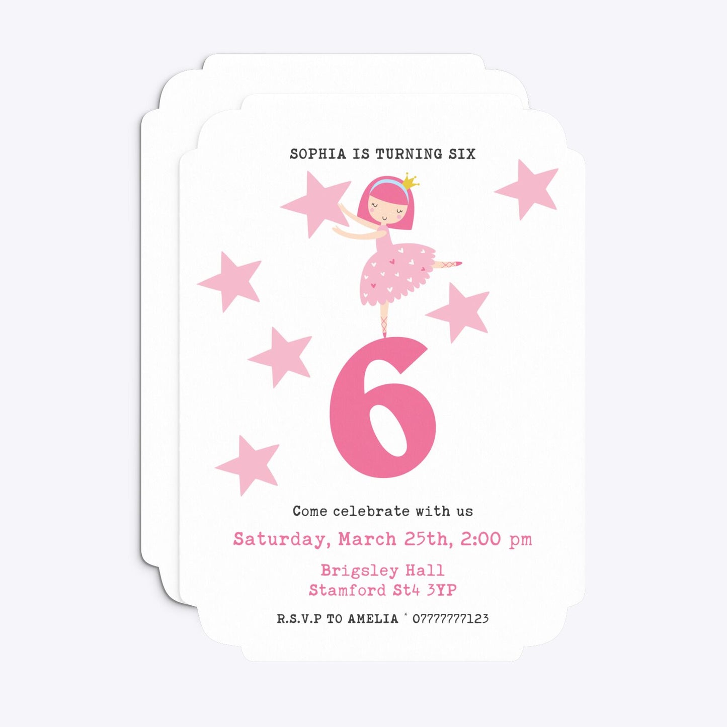 Pink Princess Personalised Birthday Deco Invitation Matte Paper Front and Back Image