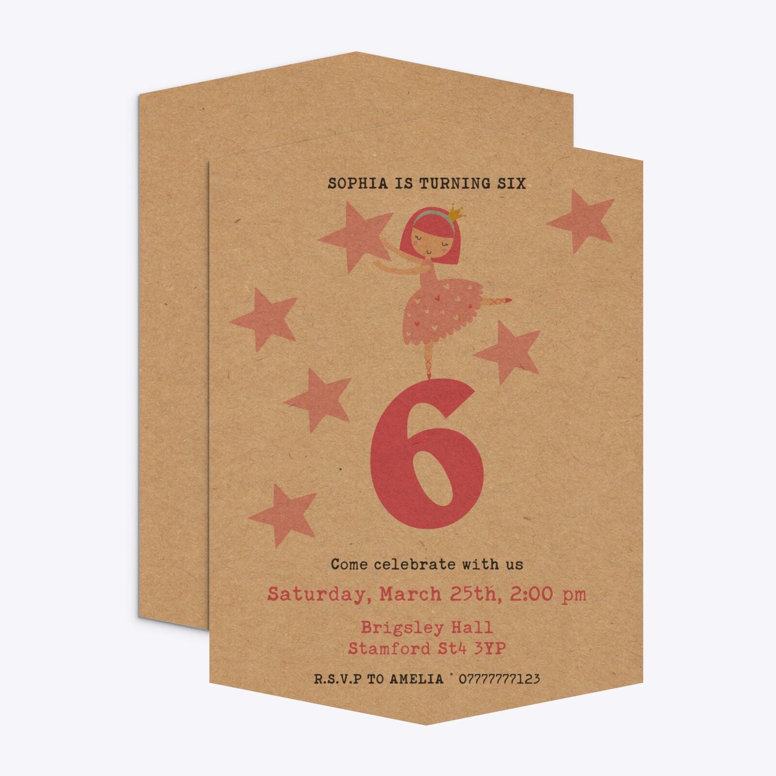 Pink Princess Personalised Birthday Geo Invitation Kraft Front and Back Image