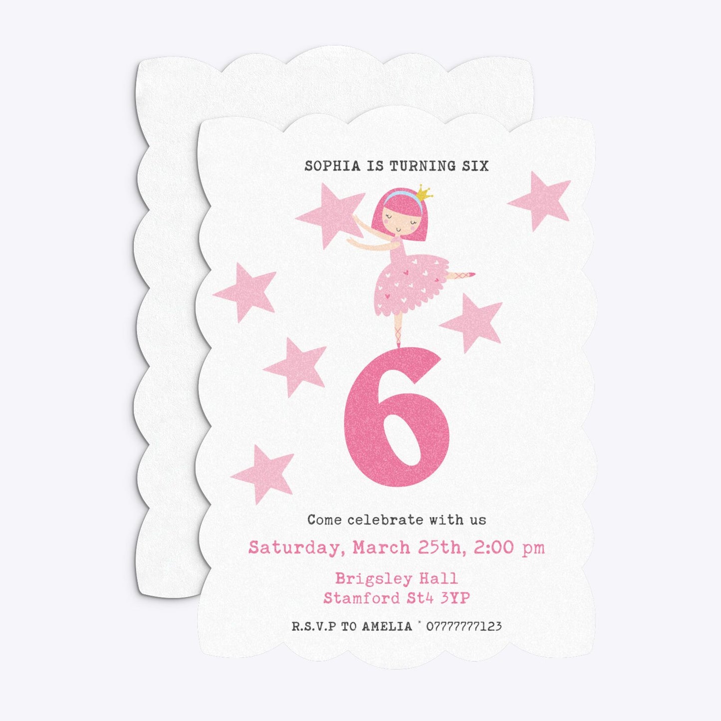 Pink Princess Personalised Birthday Petal Invitation Glitter Front and Back Image