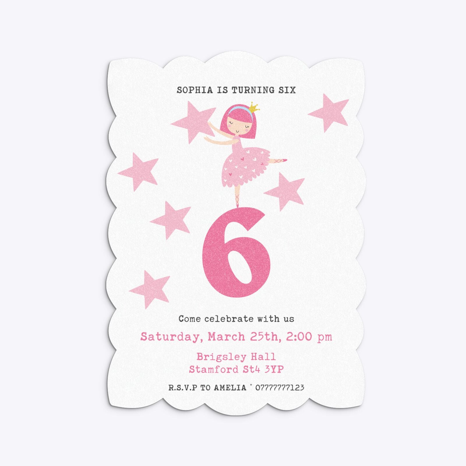 Pink Princess Personalised Birthday Petal Invitation Glitter