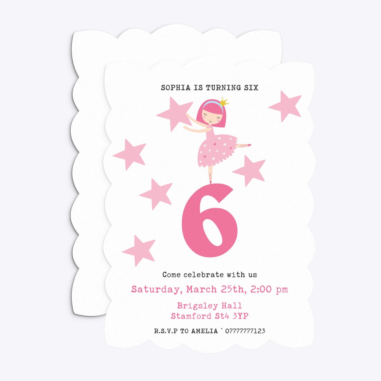 Pink Princess Personalised Birthday Petal Invitation Matte Paper Front and Back Image