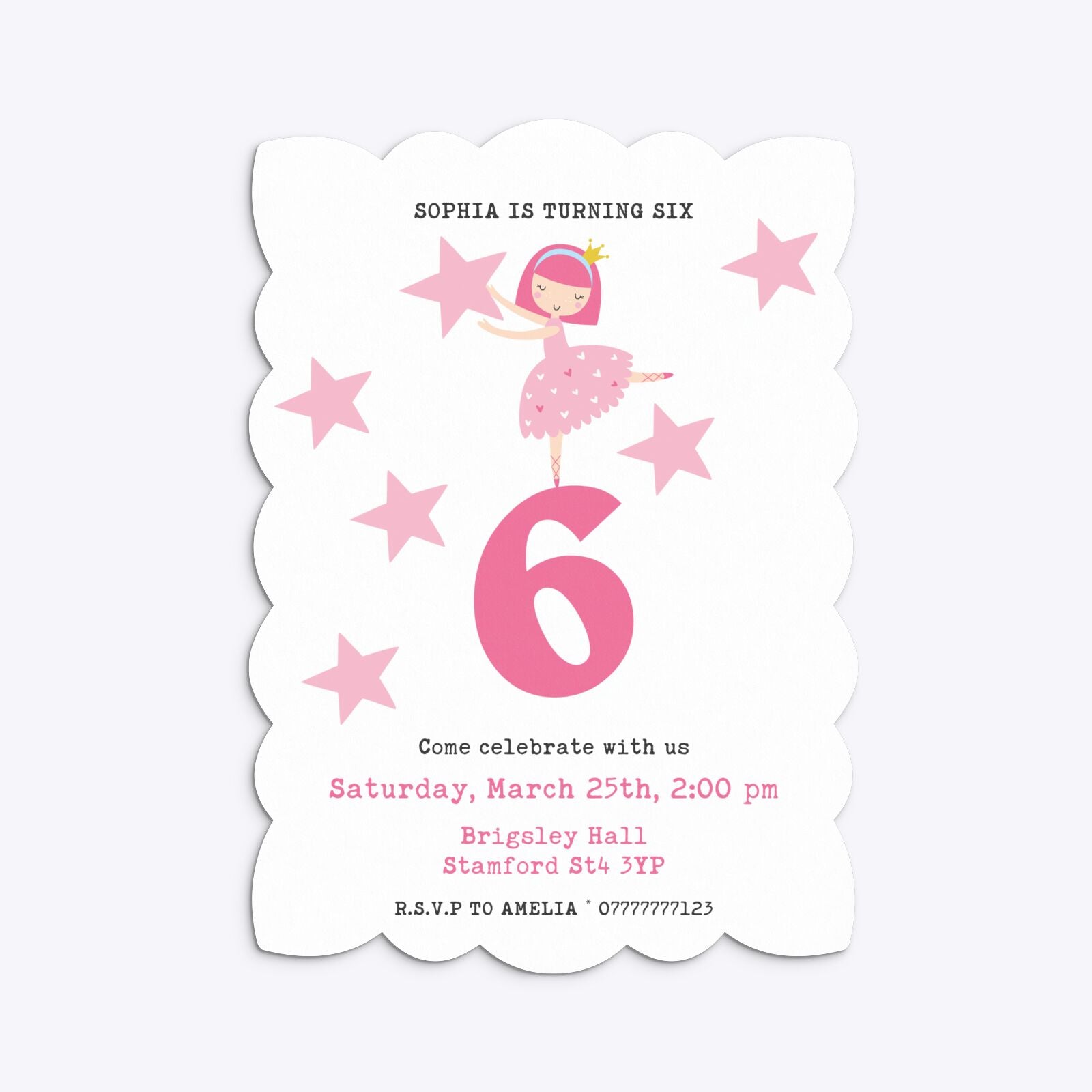 Pink Princess Personalised Birthday Petal Invitation Matte Paper