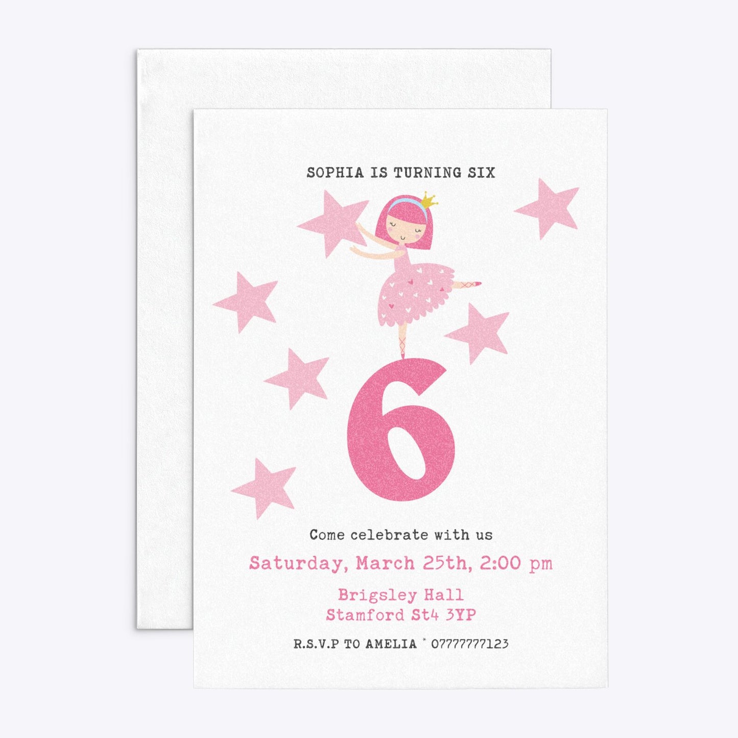 Pink Princess Personalised Birthday Rectangle Invitation Glitter Front and Back Image