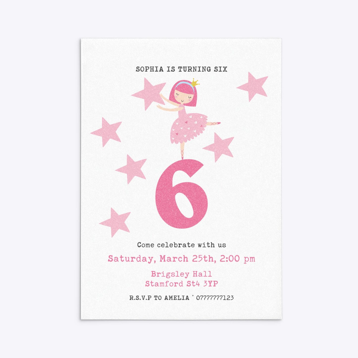 Pink Princess Personalised Birthday Rectangle Invitation Glitter