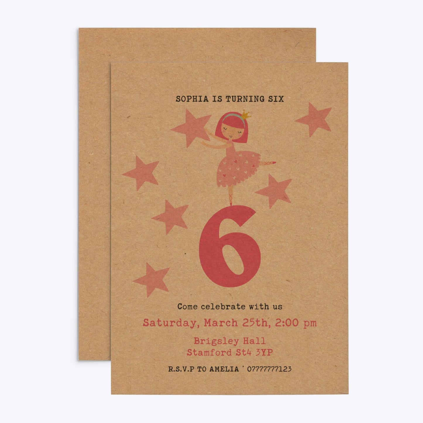 Pink Princess Personalised Birthday Rectangle Invitation Kraft Front and Back Image